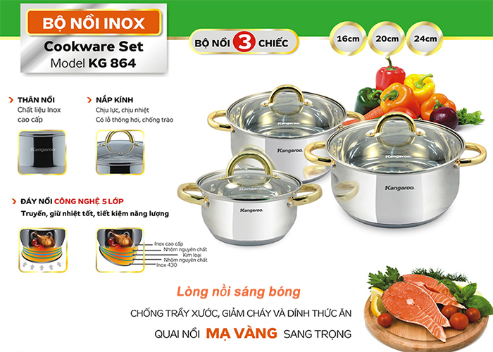 Bộ 3 nồi Inox cao cấp 5 lớp KG864