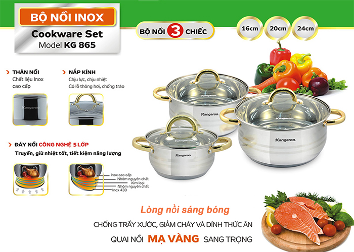 Bộ 3 nồi Inox cao cấp 5 lớp KG865