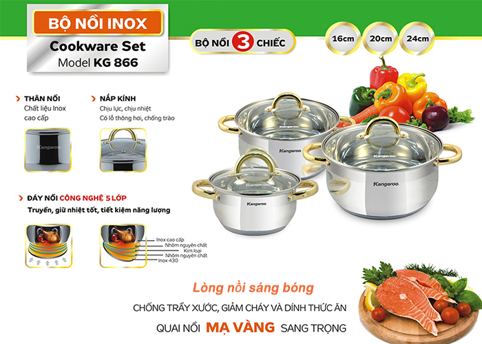 Bộ 3 nồi Inox cao cấp 5 lớp KG866