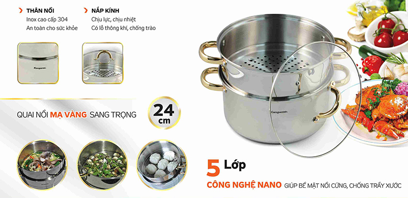 Nồi hấp Inox cao cấp 5 lớp Kangaroo KG871