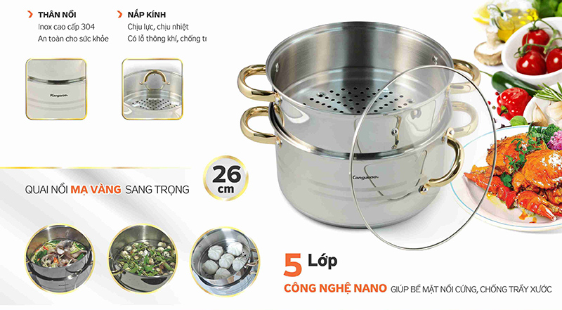 Nồi hấp Inox cao cấp 5 lớp Kangaroo KG872